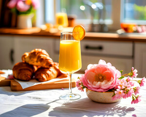A still life featuring pink flowers and mimosas for a spring brunch.