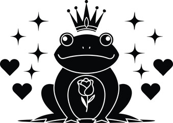 Enchanted Frog Prince with Crown and Rose A Whimsical Design Embodying Fairytale Romance and Magical Transformation Silhouette Vector Illustration