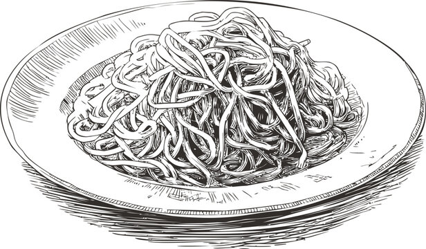 Detailed line drawing of spaghetti on a plate, illustrating intricate pasta details. Vector illustration in sketch style