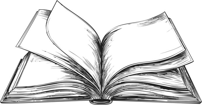 Sketch of an open book with flipping pages in black and white. Vector illustration