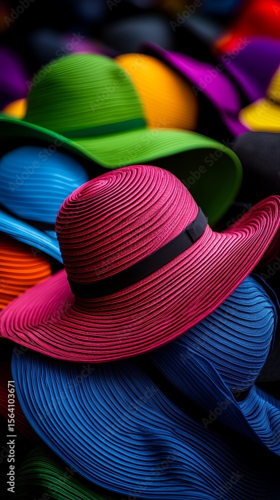Poster several colorful hats are stacked together creating a vibrant and textured display against a blurred