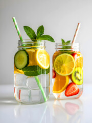 Mason jars filled with refreshing fruit-infused water for summer.
