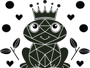 Enchanting Frog Prince Illustration with Geometric Patterns, Crown, Hearts, Roses and Circles Silhouette Vector Illustration against a Clean White Background