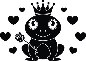 Frog Prince Amidst Hearts and Rose Romantic fairytale illustration with cute amphibian royalty, love theme