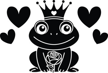 Whimsical Frog Prince with Crown and Rose Surrounded by Hearts, Black and White Vector Illustration