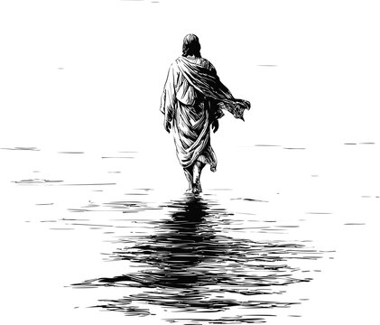 Jesus walking on water in black and white sketch, religious concept. Vector illustration