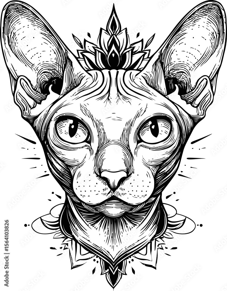 Poster sphinx cat with ornate headpiece in intricate black and white line art. vector illustration in sketc