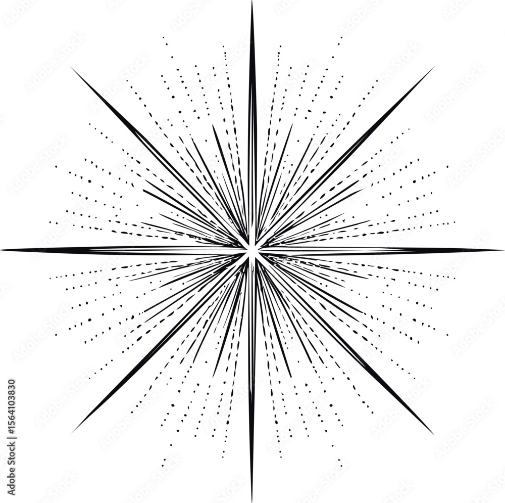 Poster artistic black and white starburst pattern with radial lines and dots. vector illustration in sketch