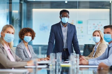 A diverse business team, wearing masks, sits around a conference table; a man stands behind them