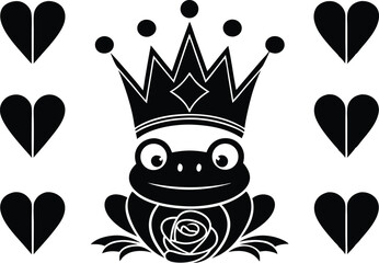 Regal Frog with Heart Emblems A Whimsical Illustration of Amphibian Royalty and Love Symbols in a Monochrome Palette