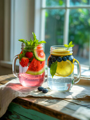 Mason Jars of Refreshing Fruit-Infused Summer Water.