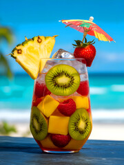 A refreshing fruit cocktail served with ice and an umbrella.