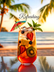 A refreshing fruit cocktail served with ice and an umbrella.