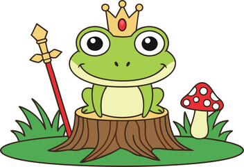 Cartoon Frog Prince on a Stump with Mushroom and Staff Vector Illustration