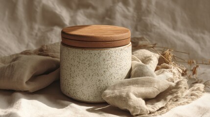 Speckled ceramic jar with wooden lid on beige fabric minimalist home decor