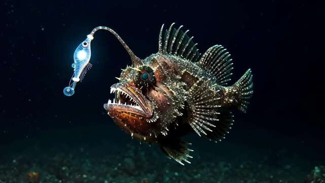 Deep sea anglerfish with lure in dark ocean water, predatory fish. Underwater wildlife.