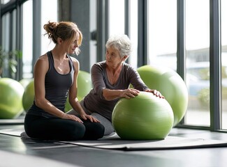 A young physical therapist assists an older woman with exercises using a large green exercise ball in a bright studio