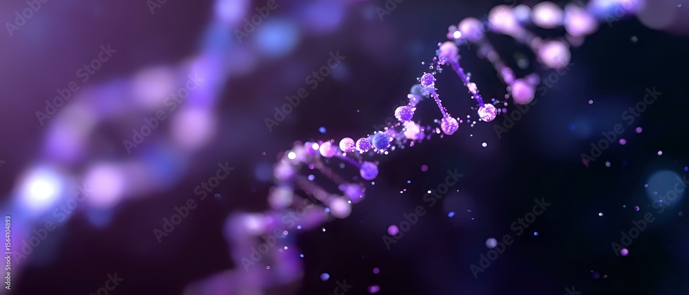 Poster glowing purple dna strand with luminous particles floating in dark space, molecular structure visual