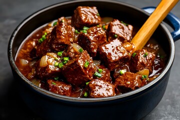 Tender braised meat cubes in rich brown sauce garnished with fresh chopped herbs, served in dark ceramic bowl with wooden chopsticks. Asian cuisine dish.