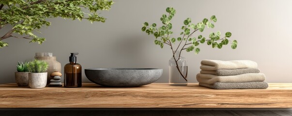 Modern bathroom vanity setup with greenery, natural materials, and soft towel accents