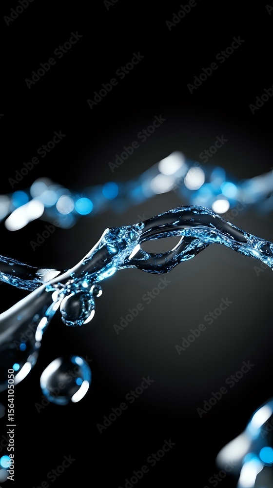 Poster dynamic stream of blue-tinted water with droplets splashing against dark background, creating elegan
