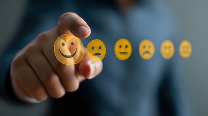 Hand selecting happy yellow emoji face from row of different emotional expressions, representing customer satisfaction and feedback collection.
