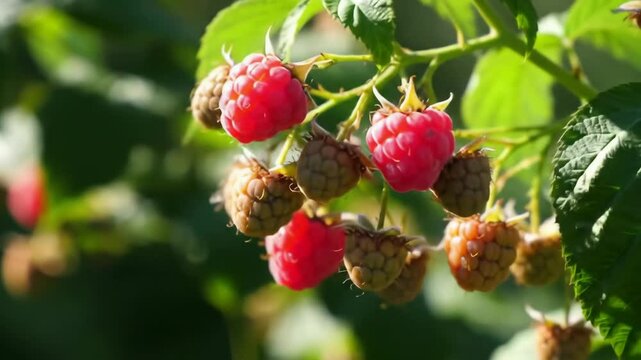 Ripe raspberries on a branch in the garden with green leaves