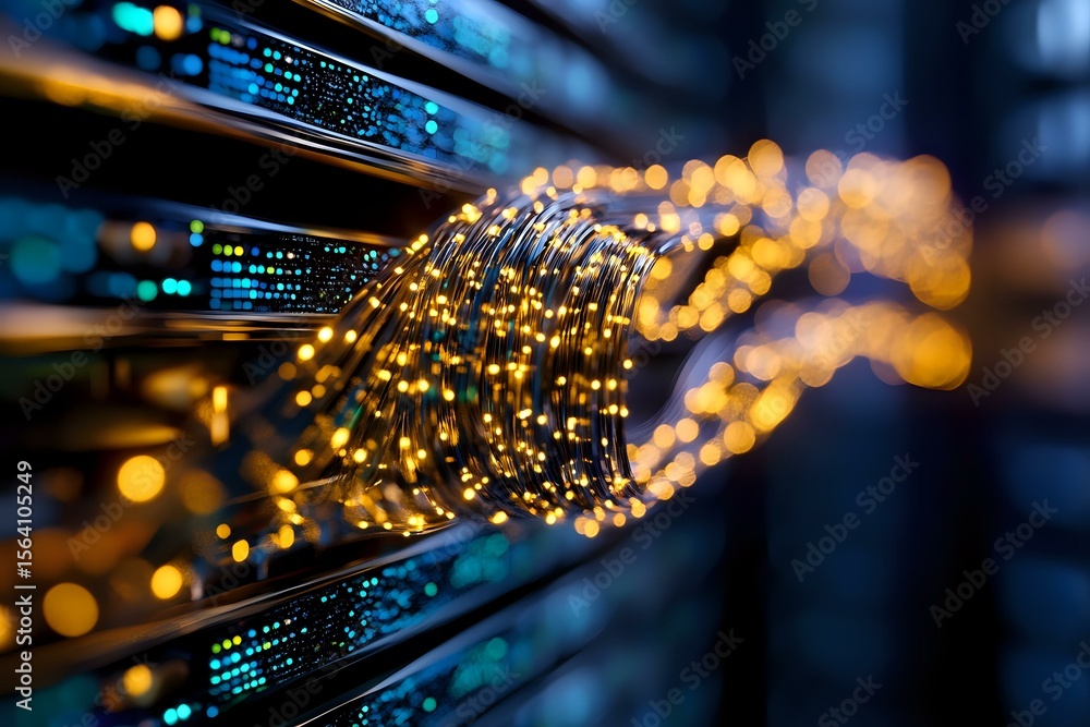 Poster glowing fiber optic cables in server room with bokeh light effect create modern technology network i