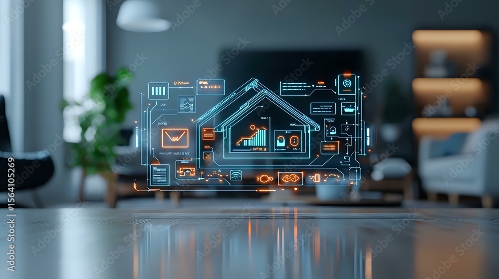 Poster Digital smart home automation interface with connected devices and monitoring systems displayed as holographic projection on glass surface in modern interior.