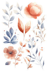 Obraz premium Watercolor botanical elements with orange blossoms and blue foliage for elegant designs