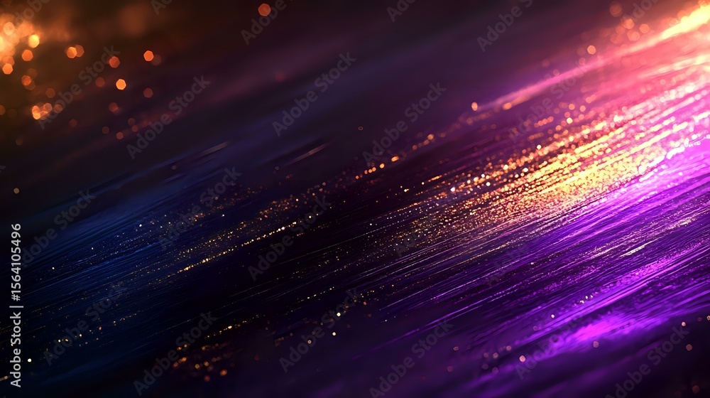 Poster diagonal light streaks with glowing particles in purple, orange and blue colors create dynamic motio