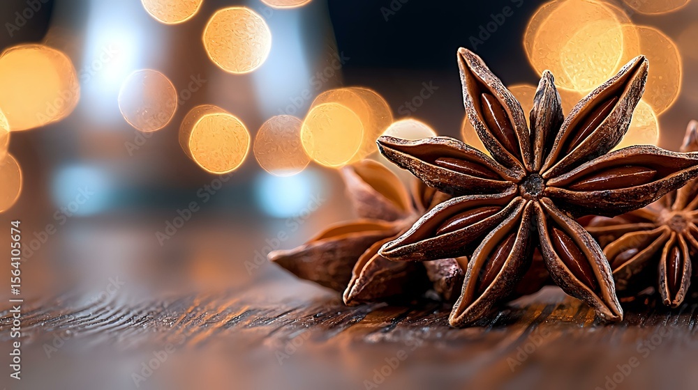 Poster star anise pods on rustic wooden surface with warm golden bokeh lights in background creating festiv