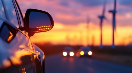 Side mirror of modern car with turn signal light reflecting dramatic orange and purple sunset sky, wind turbines and blurred road lights in background.