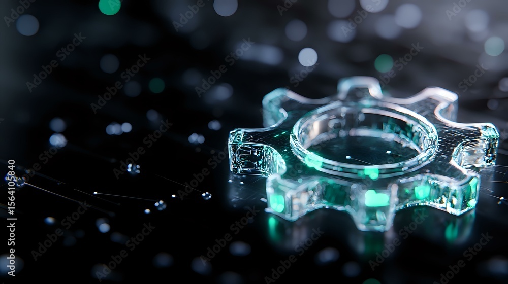 Aufkleber translucent gear-shaped object with turquoise and blue lighting effects on dark reflective surface c