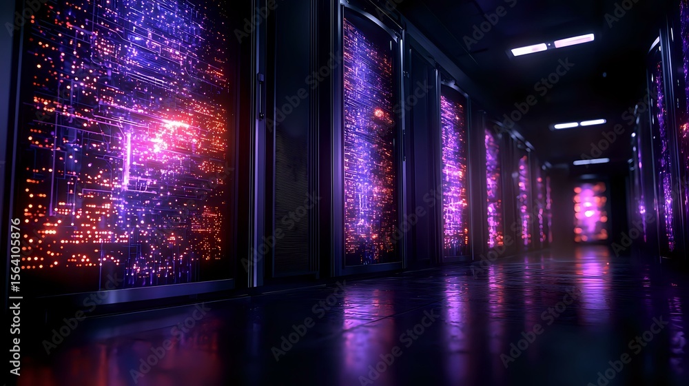 Poster futuristic server room with glowing purple and red light effects reflecting on floor, network racks 