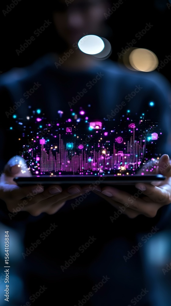 Poster glowing digital visualization with pink and blue holographic elements floating above tablet screen h