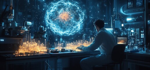 Focused Scientist in Futuristic Lab,  Analyzing Abstract Data Projection