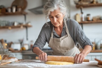A mature woman with gray hair, wearing a linen apron, kneads dough on a floured wooden surface in a rustic kitchen