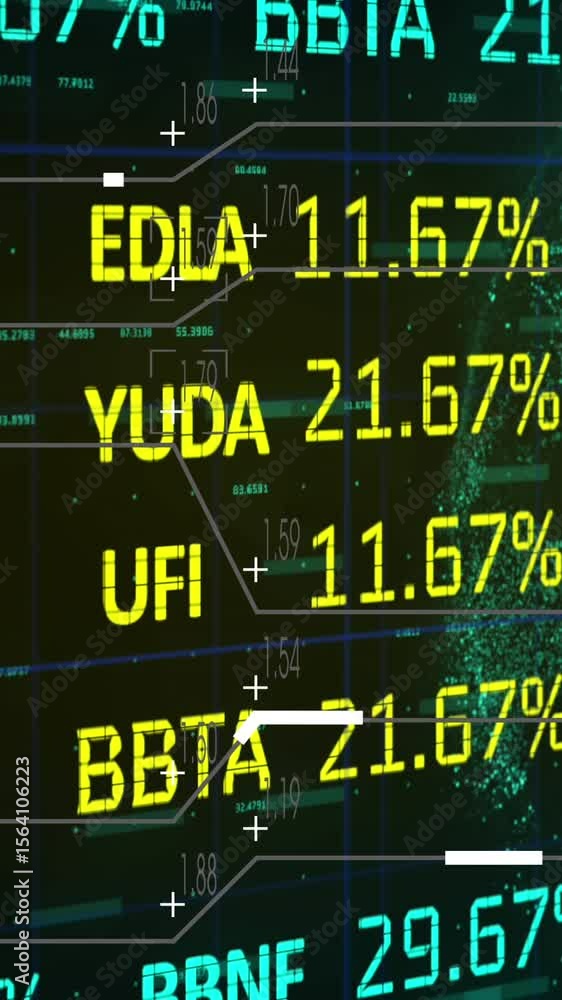 Poster animation of data processing over white lines and numbers on black background