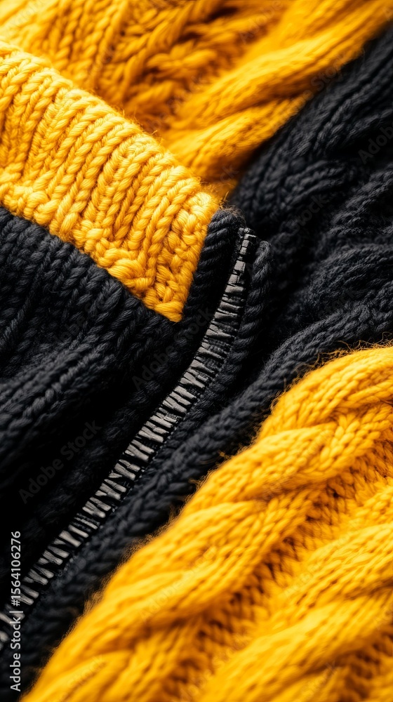 Poster sweater features a partially zipped front with yellow and black knitted textures creating a close up