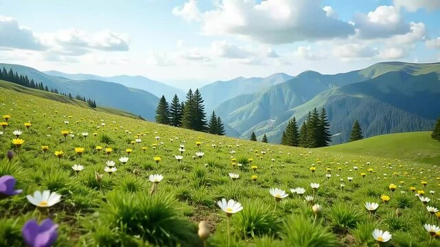 Beautiful mountain meadow flowers scenic landscape nature photography wallpaper hd background