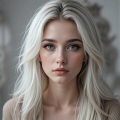 Naklejka premium Striking Close-Up Portrait of a Young Woman with Platinum Blonde Hair and Blue Eyes
