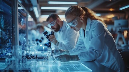 Scientists in Modern Laboratory Conducting Research with Microscopes and Beakers.