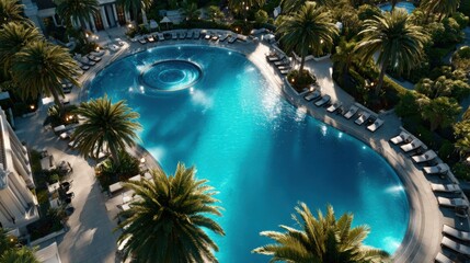 Aerial view of a luxurious pool surrounded by palm trees and sun loungers, with steam rising from a central hot tub in a lush, tropical setting.