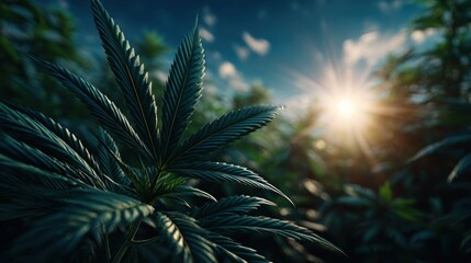 Close-up of cannabis leaves in a sunlit field, highlighting their texture and vibrant green color, suitable for concepts related to nature, agriculture, and relaxation.