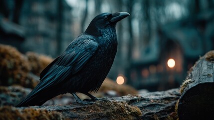 A crow perched on a moss-covered branch against a soft-focus forest, conveying mystery and calm in an atmospheric setting.