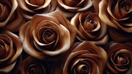 Wooden swirls intricately form rose patterns, creating a warm, textured design ideal for interior decoration and art concepts.