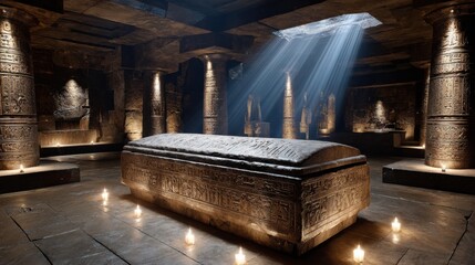 Ancient stone chamber with a sarcophagus, carved pillars, and sunlight through the ceiling. Ideal for history, archaeology, and exploration themes.