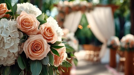 Elegant floral arrangement of roses and hydrangeas on a rustic wedding arch in a sunlit outdoor setting, perfect for romantic occasions.