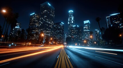 Nighttime urban cityscape with light trails and skyscrapers, capturing dynamic, bustling city life. Ideal for concepts of urbanization and modernity.